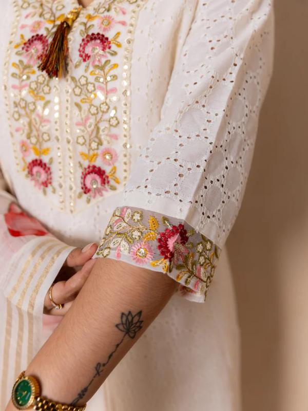 VP 9778 O Handwork Cotton Straight Kurta With Trousers & Dupatta Sets